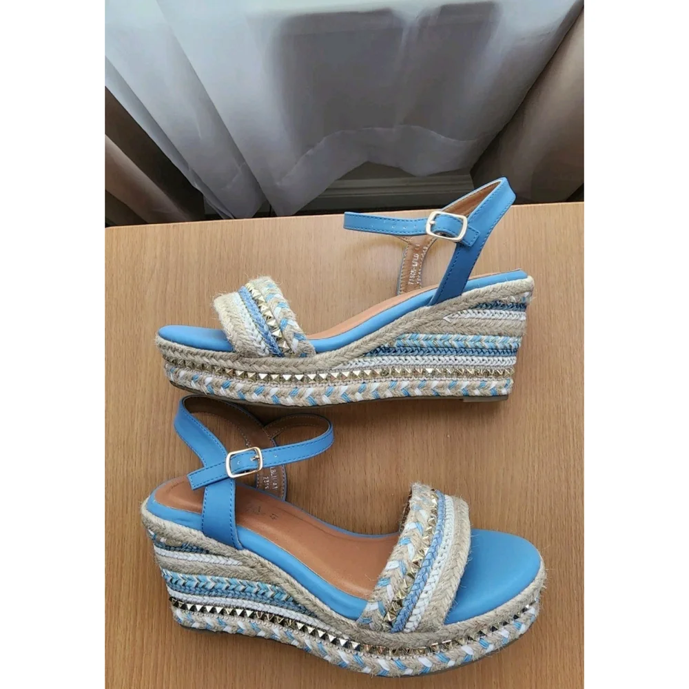 Patrizia Tisch Woven Wedge Light Blue Embellished Espadrille Sandals US 9.5 EU41